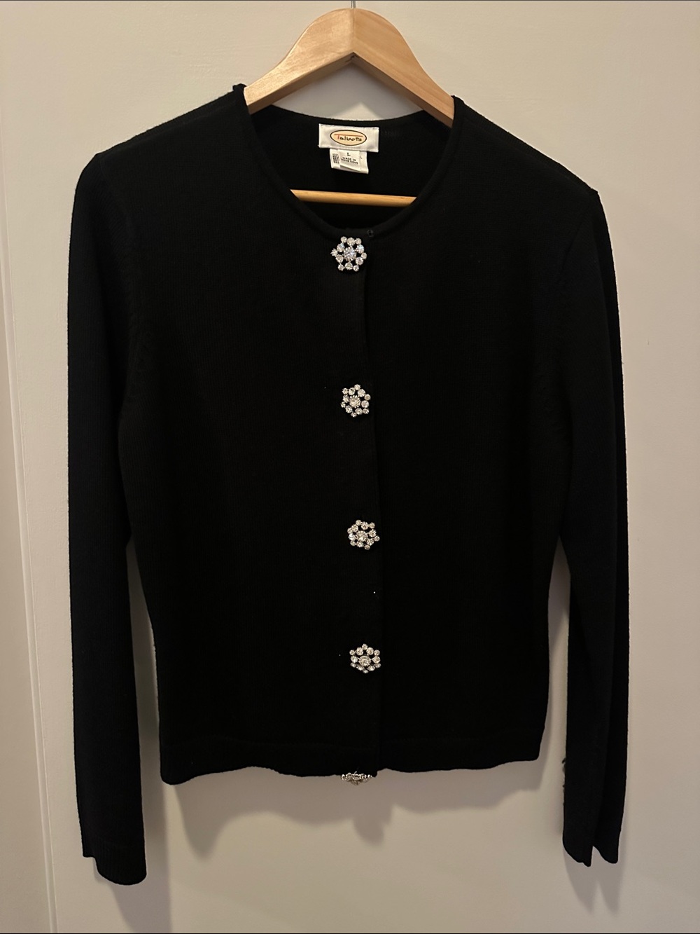 Talbots Black Long Sleeve Cardigan with Rhinestone Floral Buttons